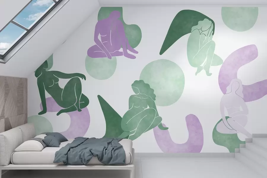 wall murals Geometric abstractions with women silhouettes, boho style, purple, green w03753v4