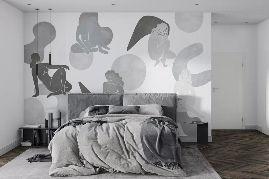 wall murals Geometric abstractions with women silhouettes, boho style, grey colors w03753v5
