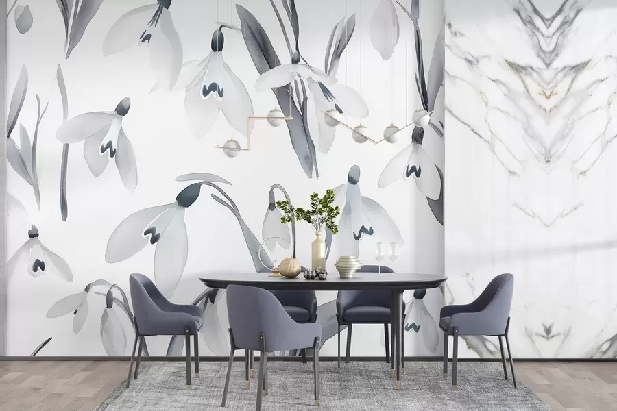 wall murals Snowdrops flowers in watercolor style, grey colors w03754v1