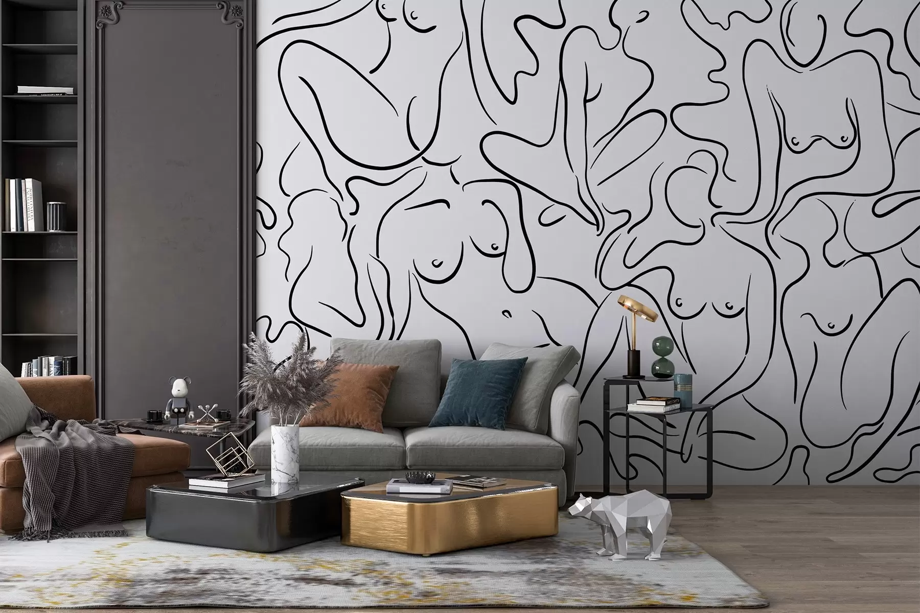 wall murals Line drawing silhouettes of women bodies, abstraction, black color w03755