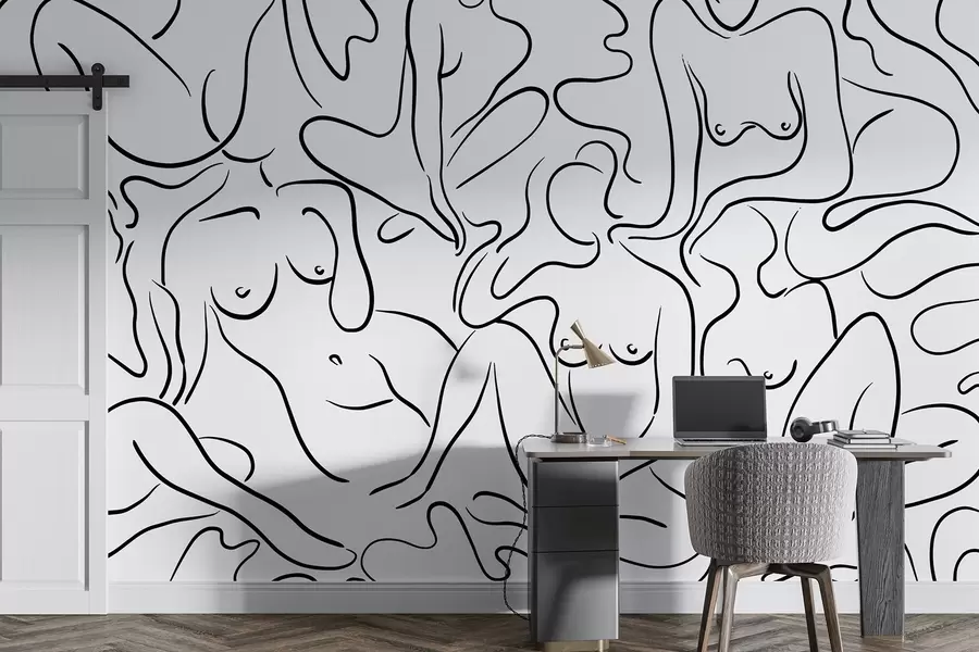 wall murals Line drawing silhouettes of women bodies, abstraction, black color w03755