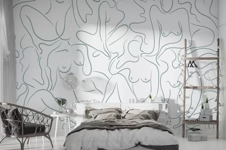 wall murals Line drawing anatomical silhouettes, abstraction, blue color w03755v1