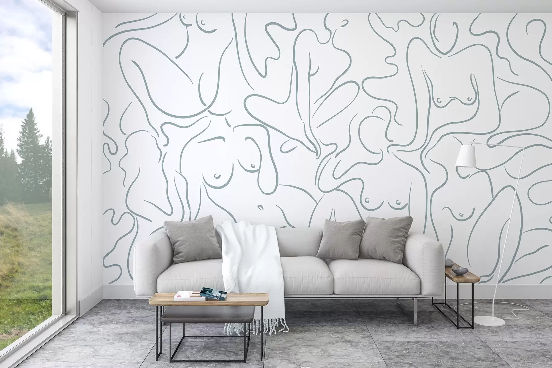 wall murals Line drawing anatomical silhouettes, abstraction, blue color w03755v1