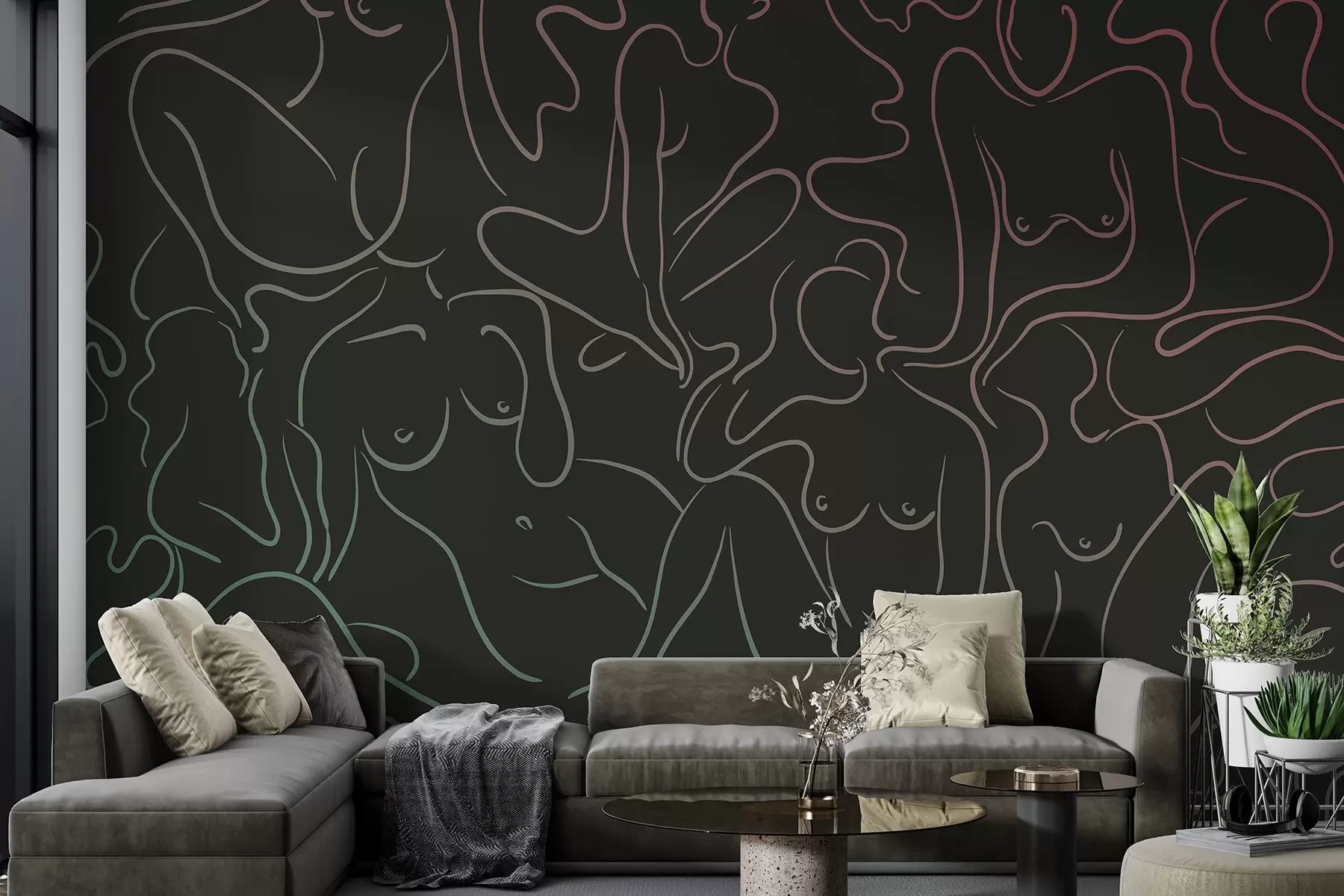 wall murals Line drawing anatomical silhouettes, abstraction, dark background w03755v2