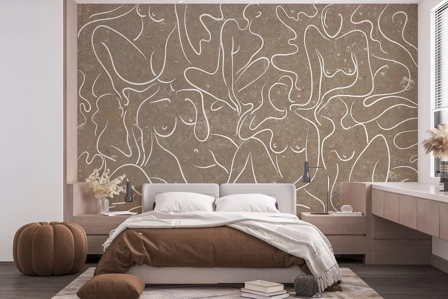 wall murals Line drawing anatomical silhouettes, abstraction, beige background  w03756