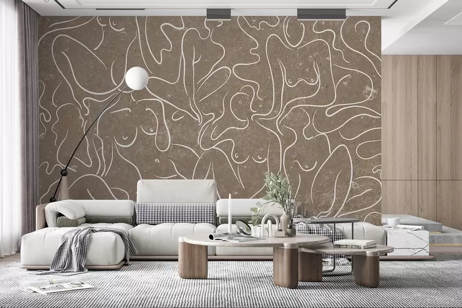 wall murals Line drawing anatomical silhouettes, abstraction, beige background  w03756