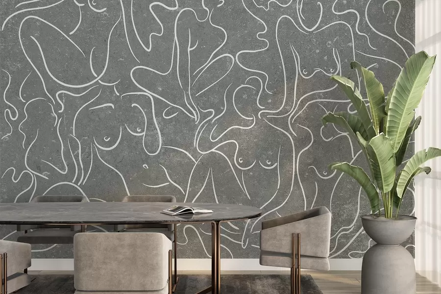 wall murals Line drawing anatomical silhouettes, abstraction, grey background  w03756v1