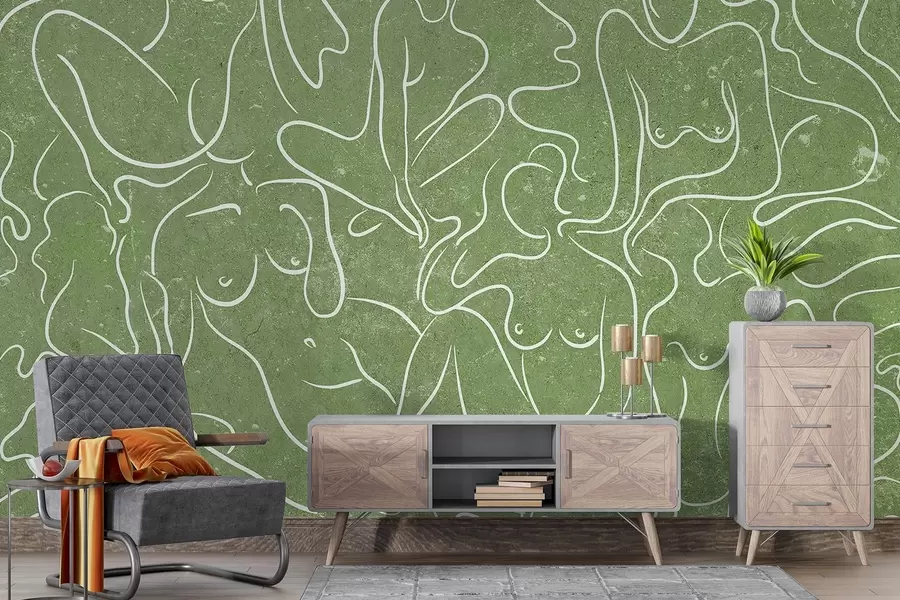 wall murals Line drawing anatomical silhouettes, abstraction, green background  w03756v2