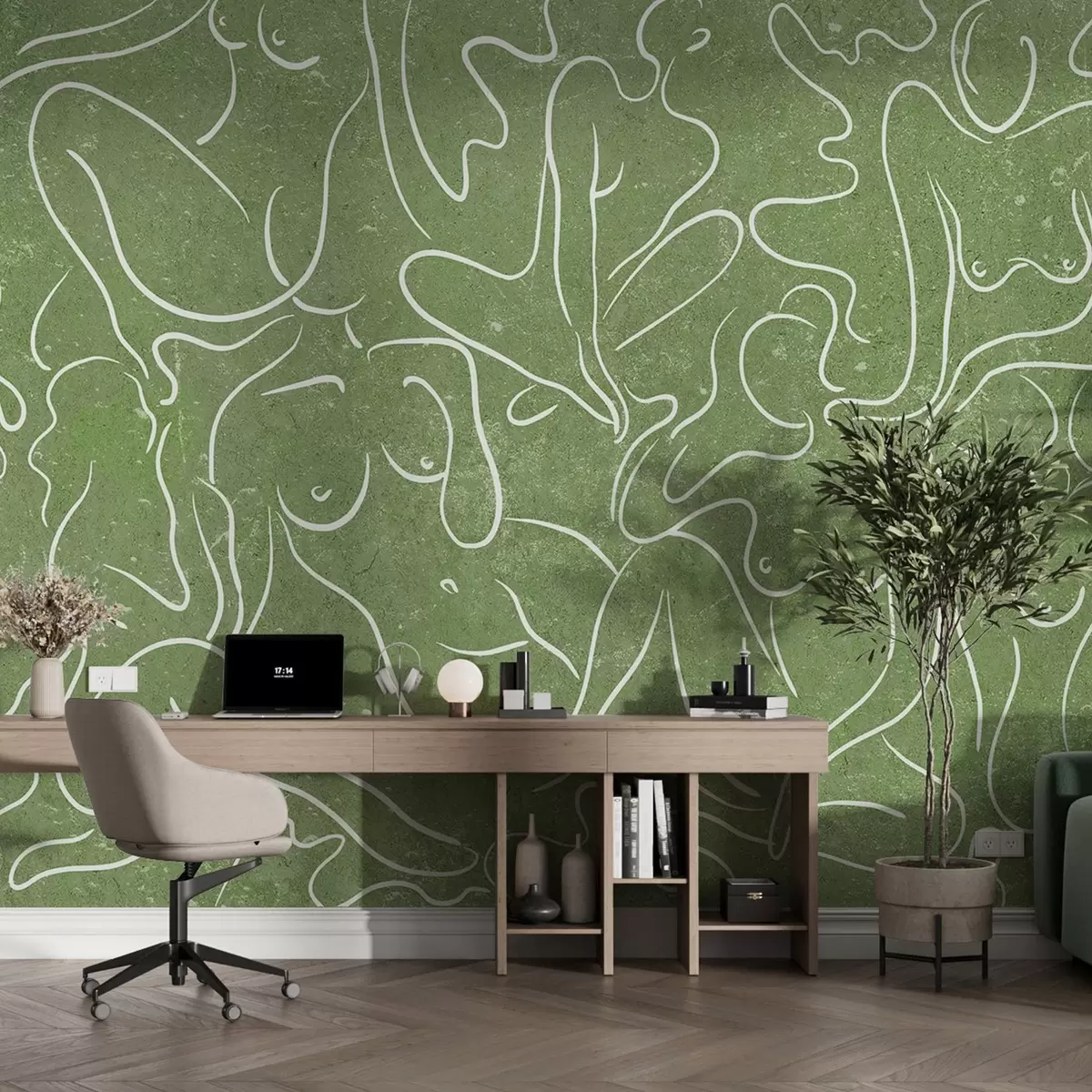 wall murals Line drawing anatomical silhouettes, abstraction, green background  w03756v2