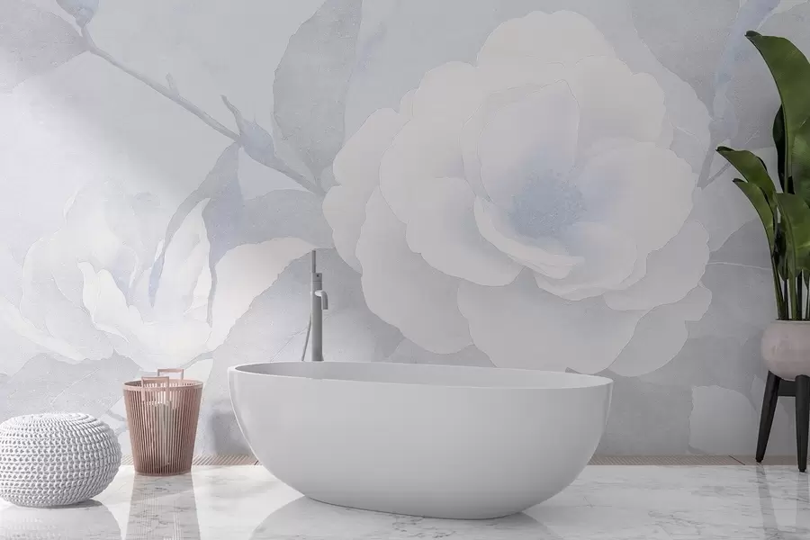 wall murals Soft pastel with camellia flowers on the branch, blue colors w03760v1