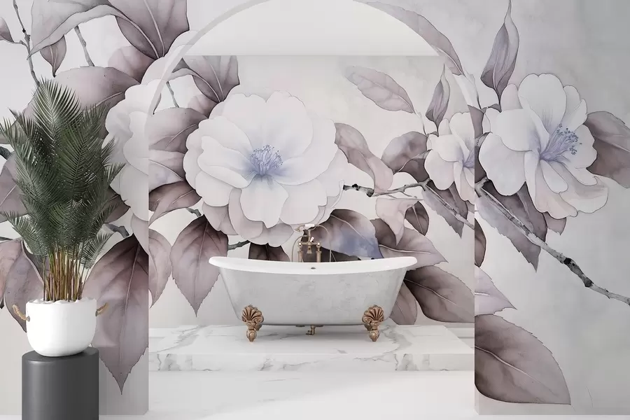 wall murals Watercolor style camellia flowers on the branch, purple colors w03761v1