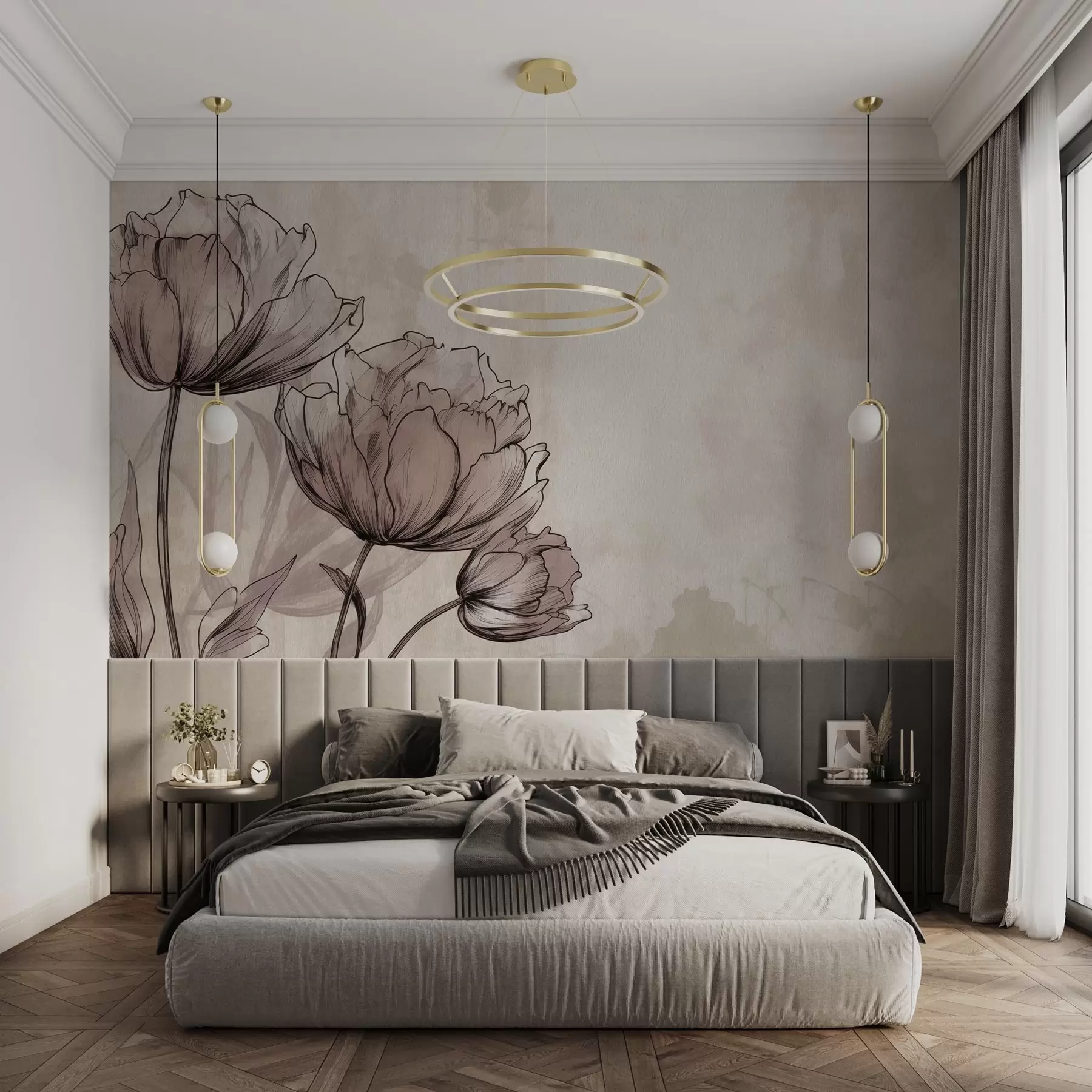 wall murals Pastel tulips with a light vintage effect w03796