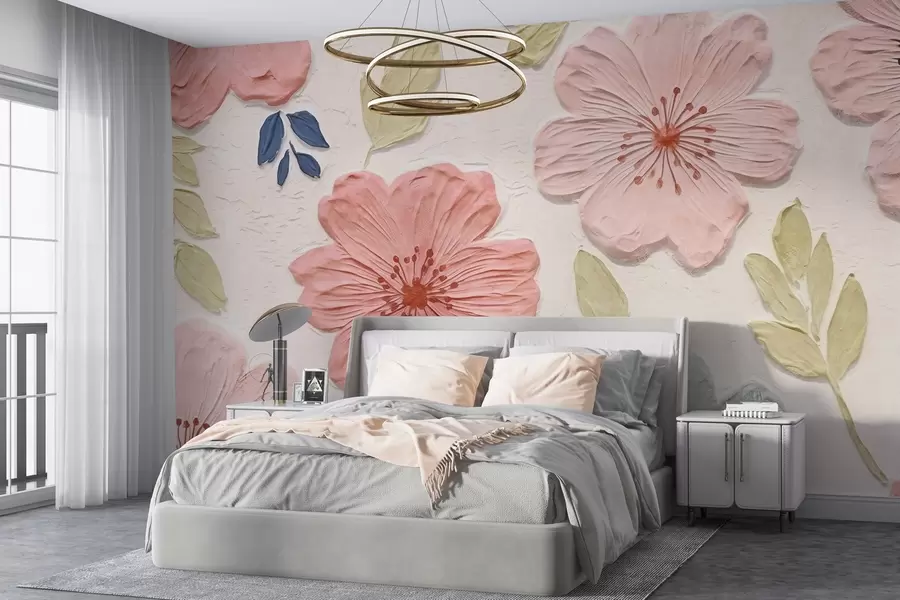 wall murals Relief flowers in bas-relief style with pink tones w03797