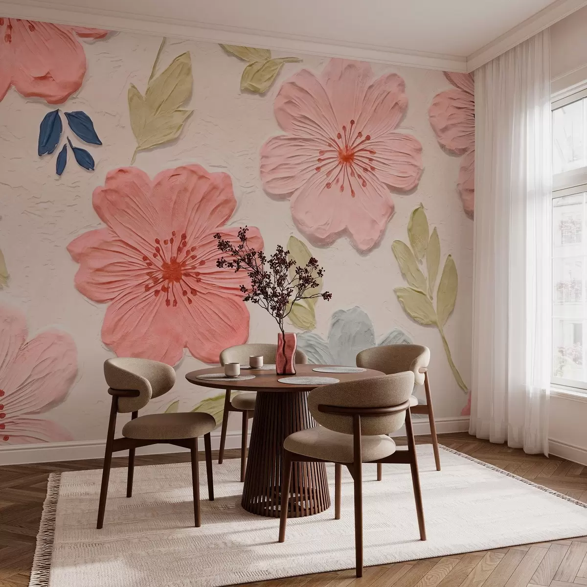 wall murals Relief flowers in bas-relief style with pink tones w03797