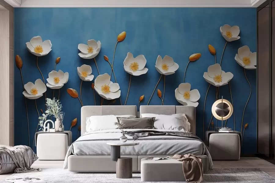 wall murals White flowers with yellow centres on a blue background w03800