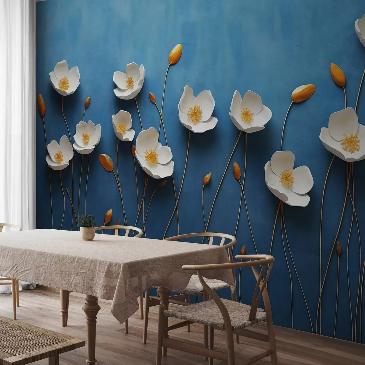 wall murals White flowers with yellow centres on a blue background w03800