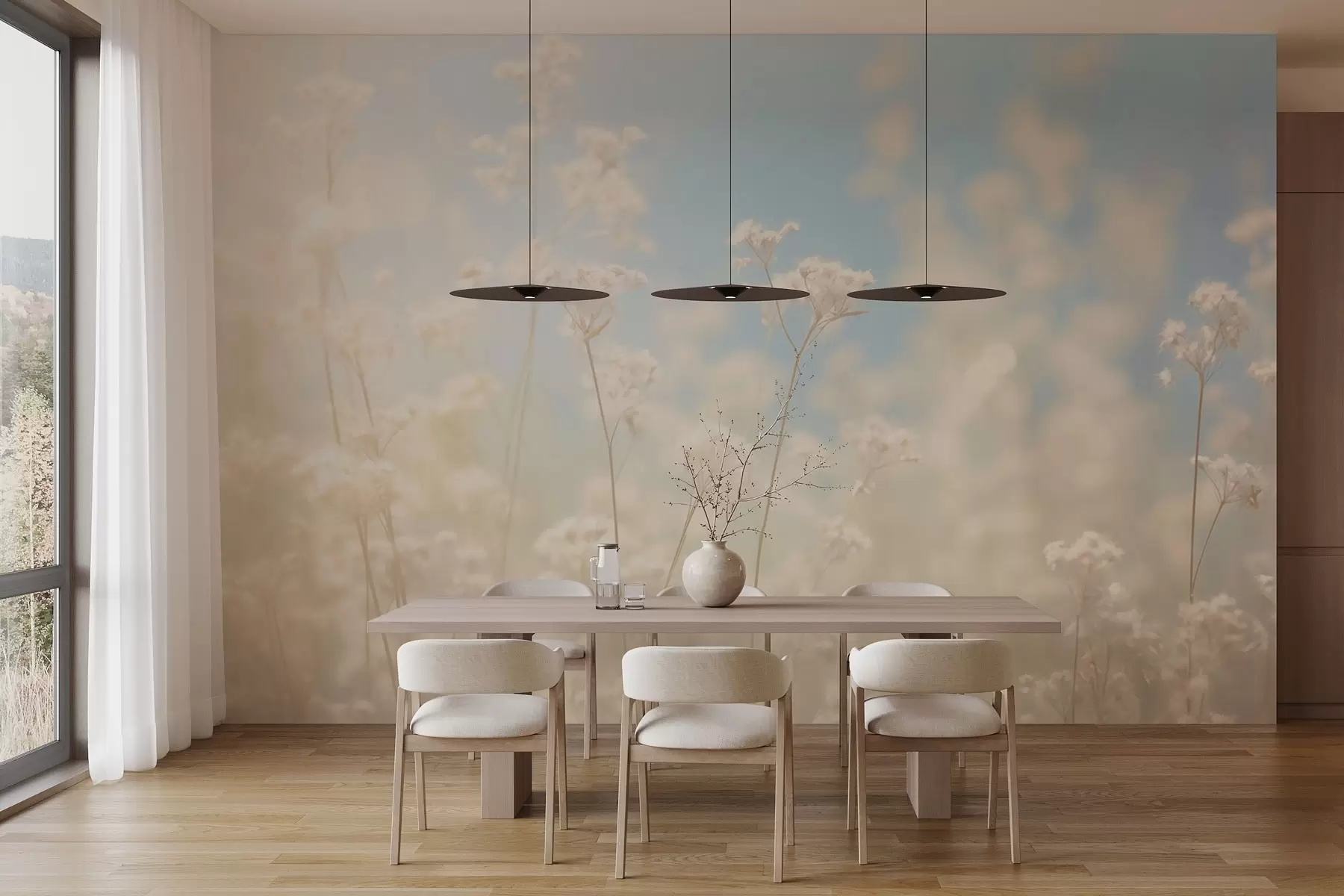 wall murals Delicate field of dried flowers in blurred sunlight w03801