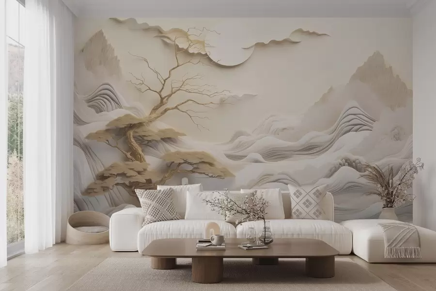 wall murals Oriental landscape with trees and mountains w03803