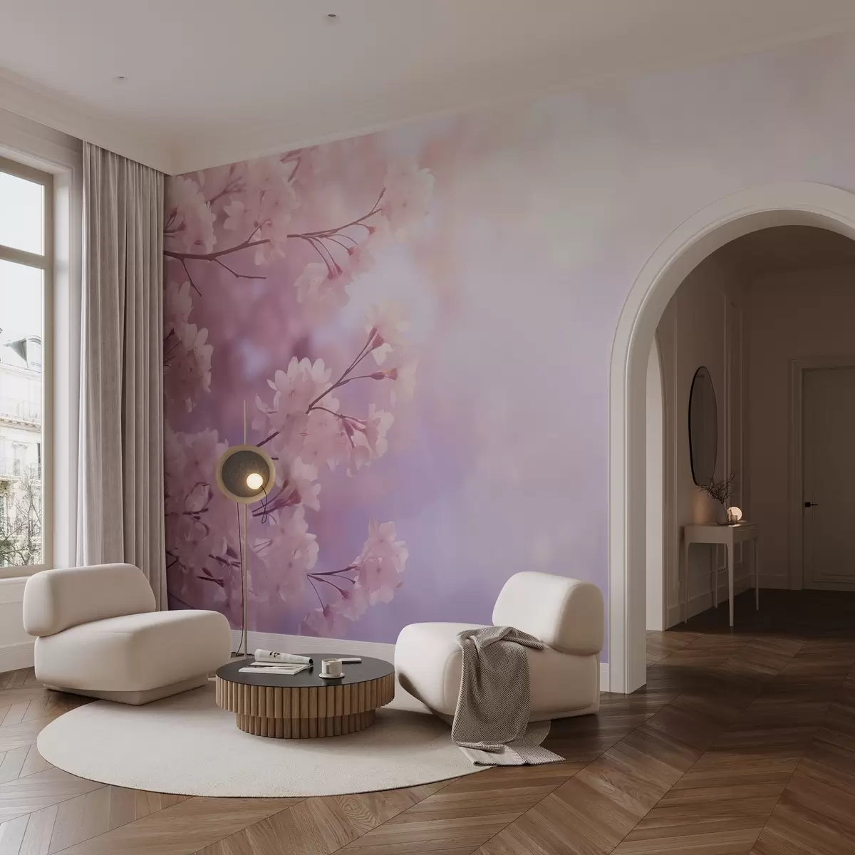 wall murals Sakura branches with pink flowers on pastel background w03804