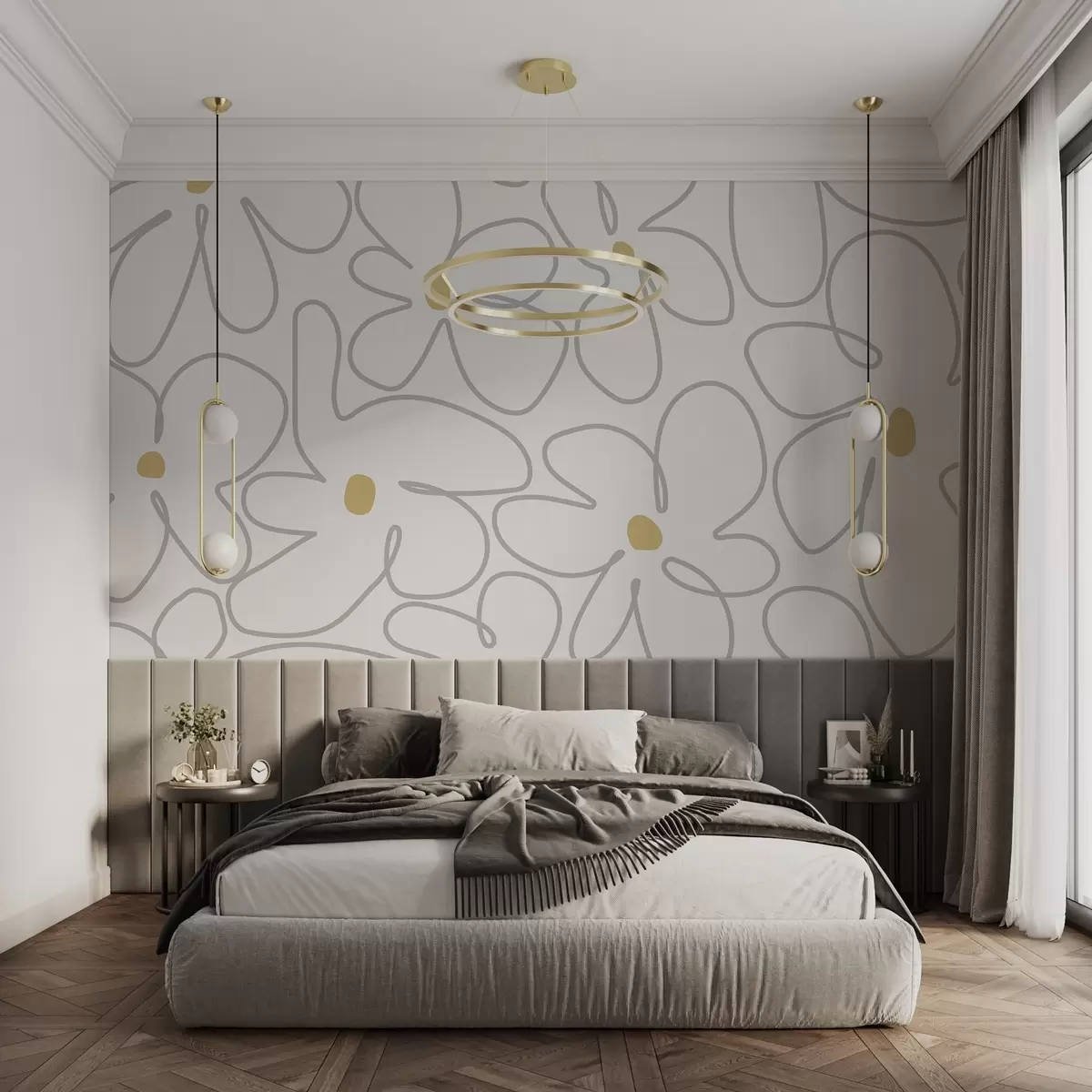 wall murals Minimalistic flowers line art in light colours w03812
