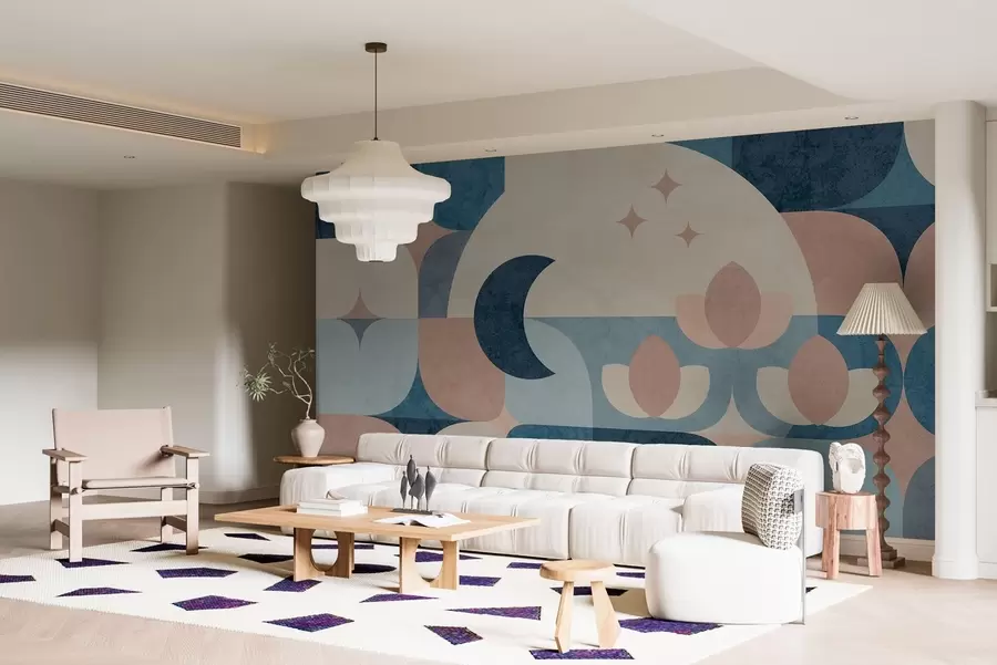 wall murals geometric abstraction, where soft shapes are smoothly intertwined with symbols of the moon, flowers and stars. w03723