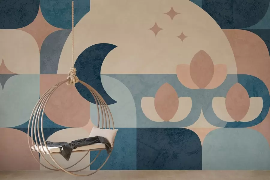 wall murals geometric abstraction, where soft shapes are smoothly intertwined with symbols of the moon, flowers and stars w03723