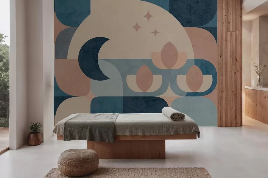 wall murals geometric abstraction, where soft shapes are smoothly intertwined with symbols of the moon, flowers and stars. w03723
