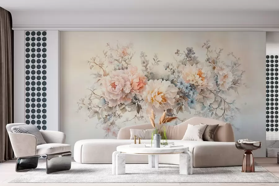 wall murals delicate watercolor-style flowers in pastel shades of pink, beige and blue w03724