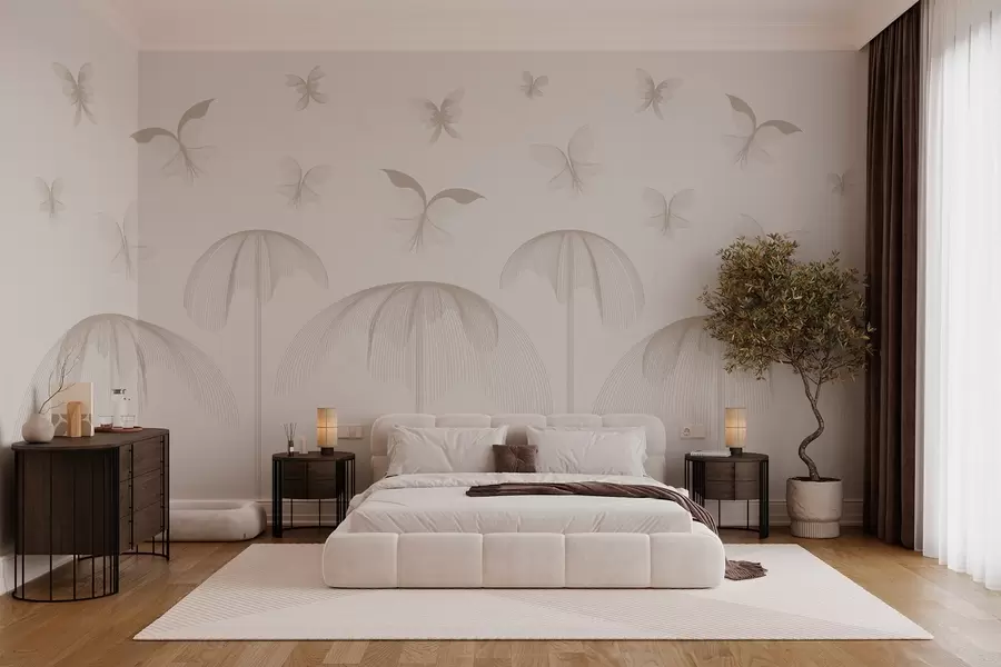 wall murals minimalist linear wallpaper butterflies and fountains on a milky background w03762