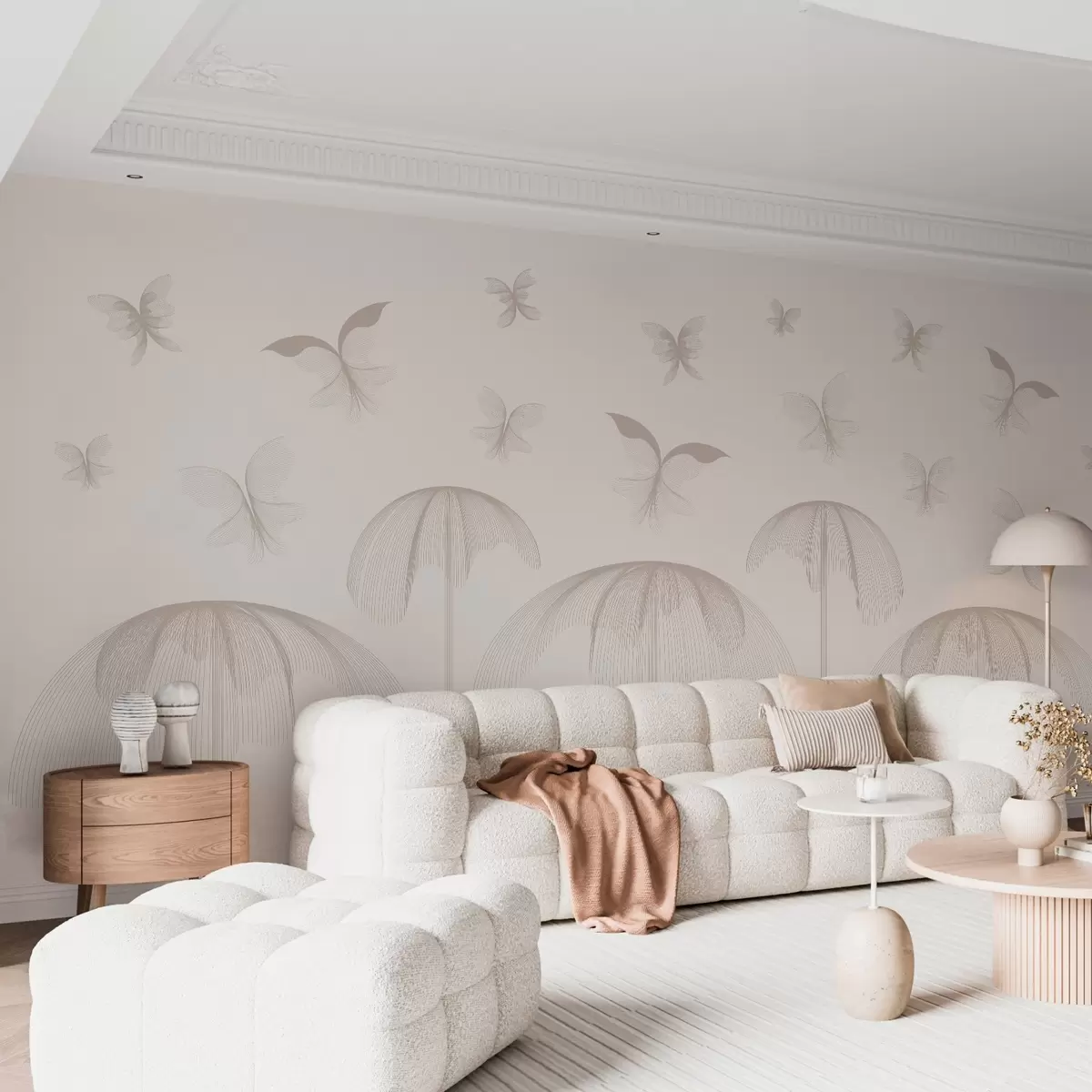 wall murals minimalist linear wallpaper butterflies and fountains on a milky background w03762