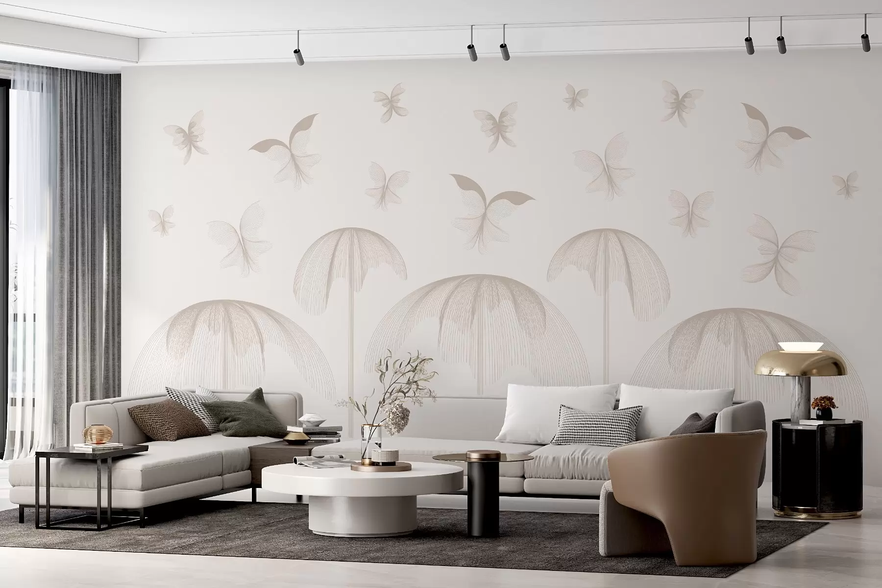 wall murals minimalist linear wallpaper butterflies and fountains on a milky background w03762