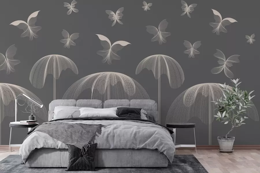 wall murals minimalist linear wallpaper butterflies and fountains on a dark gray background w03762v1