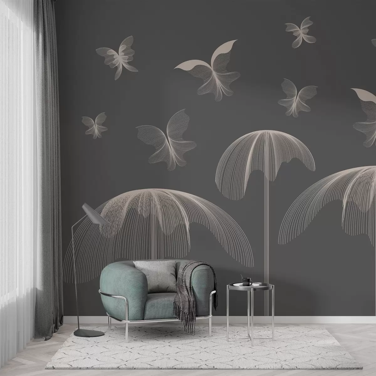 wall murals minimalist linear wallpaper butterflies and fountains on a dark gray background w03762v1