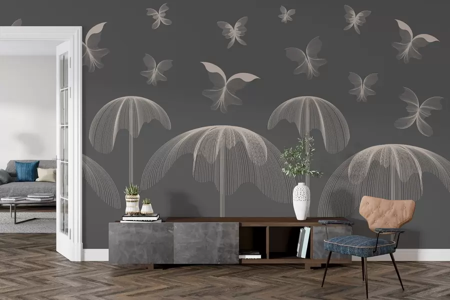 wall murals minimalist linear wallpaper butterflies and fountains on a dark gray background w03762v1