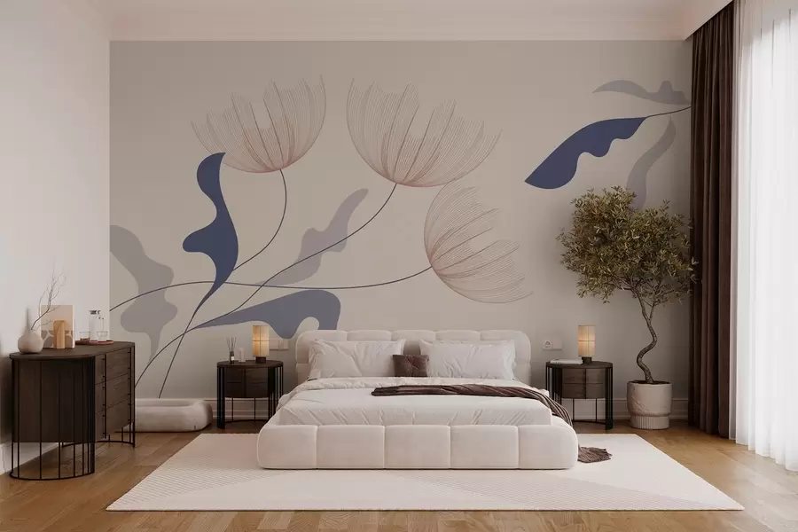 wall murals elegant minimalist flowers in blue tones on a beige background w03763