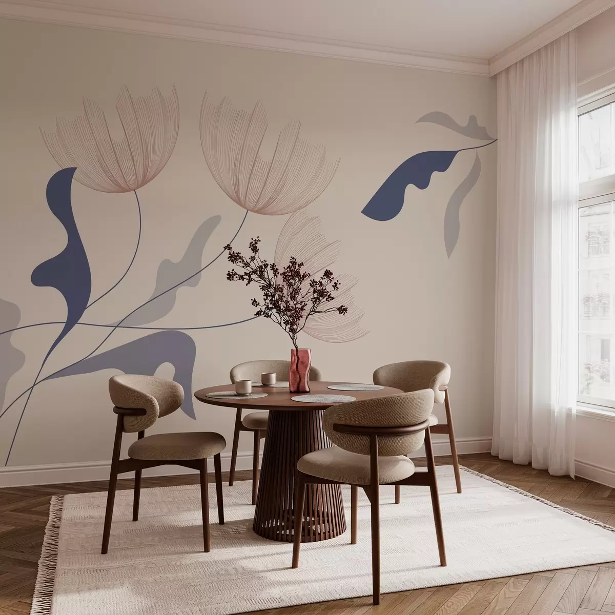 wall murals elegant minimalist flowers in blue tones on a beige background w03763