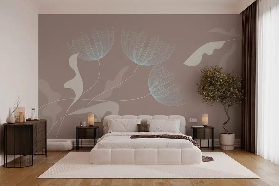 wall murals elegant minimalist flowers in white and blue tones on a mocha background w03763v3