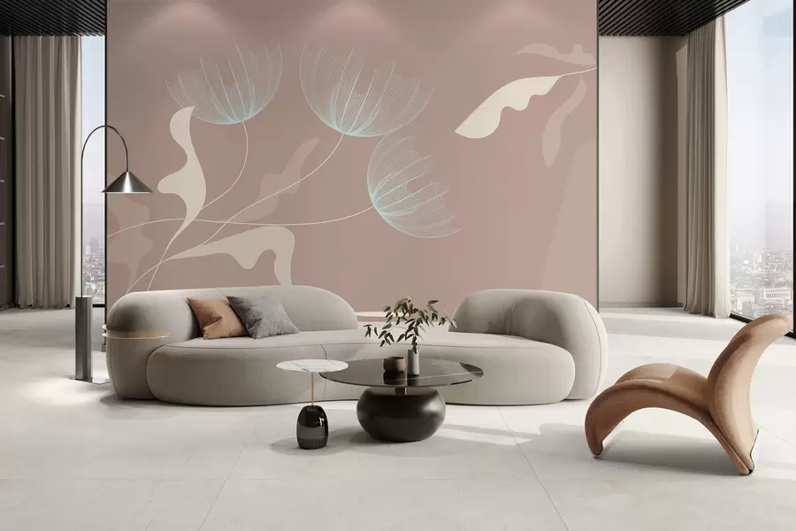 wall murals elegant minimalist flowers in white and blue tones on a mocha background w03763v3