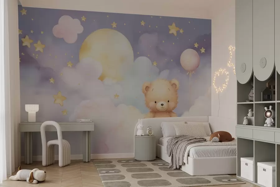 wall murals Cute bear on a cloud with moon and stars w03864