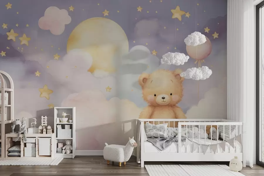 wall murals Cute bear on a cloud with moon and stars w03864