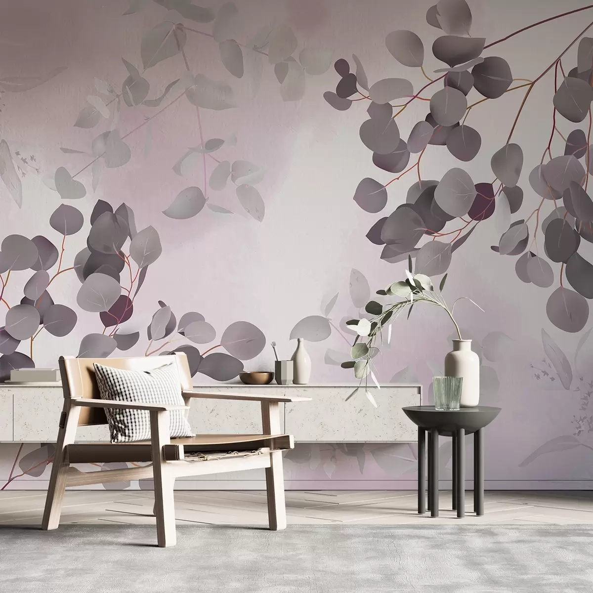 wall murals Branches with leaves in pink tones w03719v1