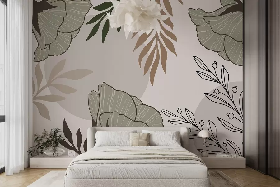 wall murals Flowers and leaves in abstract composition w03856