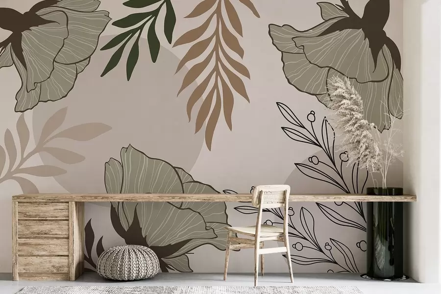 wall murals Flowers and leaves in abstract composition w03856
