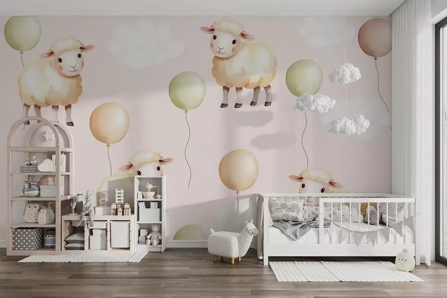 wall murals Cute sheep and balloons w03860