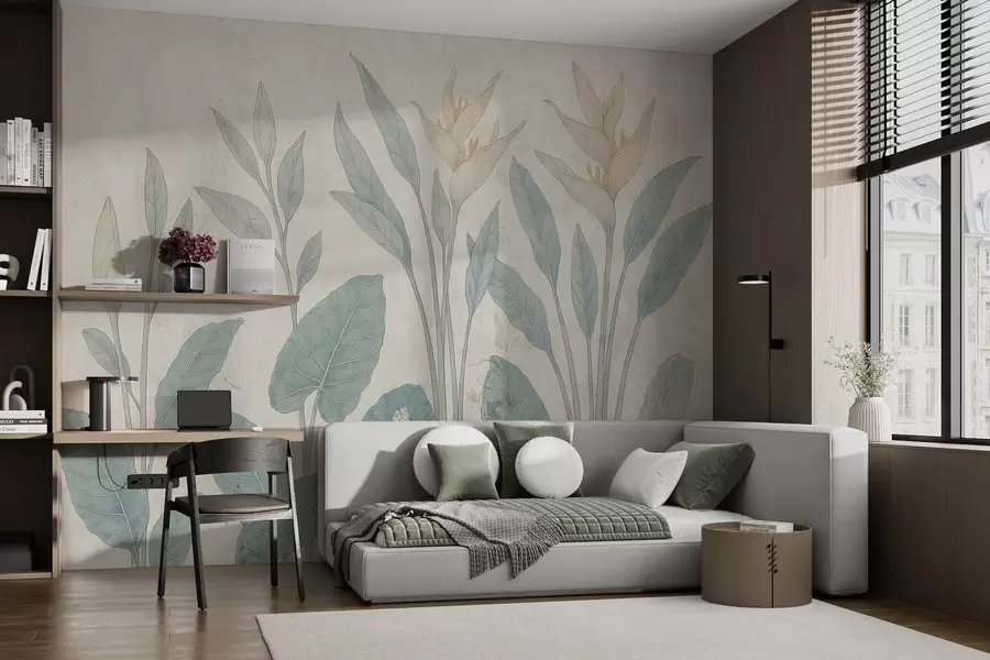 wall murals Grunge leaves on an old wall w03823