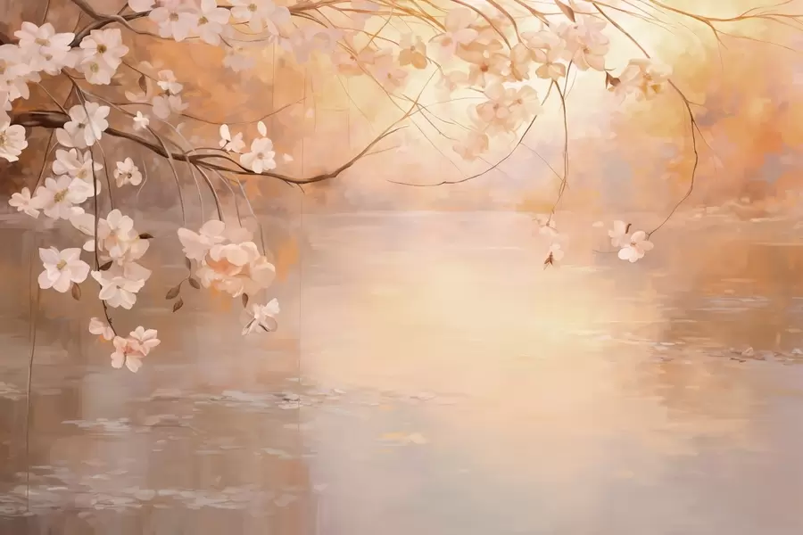 wall murals Abstract landscape art with blossom branch and white flowers hanging over a lake, soft pastel colors w09046