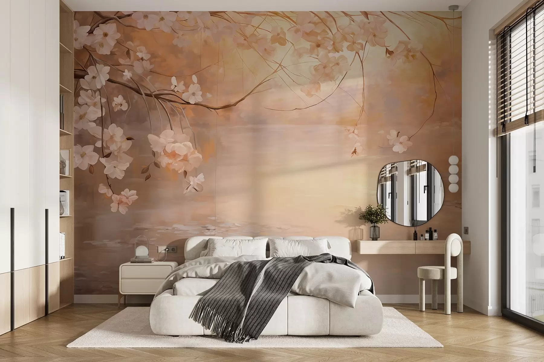 wall murals Abstract landscape art with blossom branch and white flowers hanging over a lake, soft pastel colors w09046
