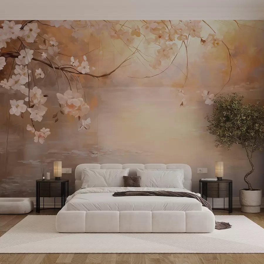 wall murals Abstract landscape art with blossom branch and white flowers hanging over a lake, soft pastel colors w09046