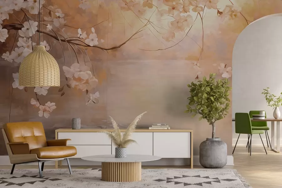 wall murals Abstract landscape art with blossom branch and white flowers hanging over a lake, soft pastel colors w09046