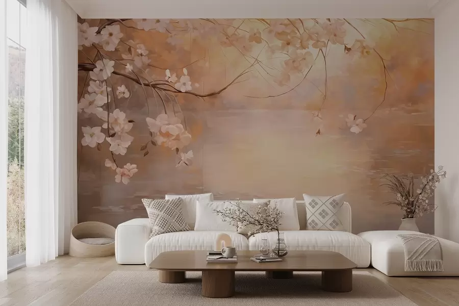 wall murals Abstract landscape art with blossom branch and white flowers hanging over a lake, soft pastel colors w09046